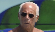 Giorgio Armani in a white mankini: totally gross, or “leave the old guy alone”?