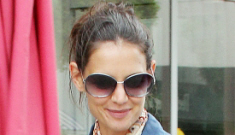 Katie Holmes attempts a flattering Canadian tuxedo: kind of great, right?