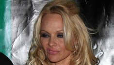 Pamela Anderson’s busted birthday outfit: dirty old lace curtain valance or not bad?