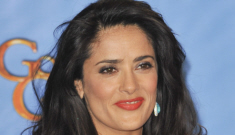 Salma Hayek in navy, bowed Gucci at the GGs: lovely and try-hard?