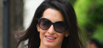 Amal Alamuddin wears mismatched shoes, bubble-gum pink dress: cute or cloying?