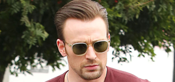 Chris Evans steps out with a stretchy shirt, new lady & doggy bag: friends?