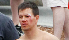 Mark Wahlberg shirtless, buff & bloodied on set