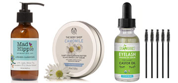 Skincare including cream cleanser, castor oil for eyelash growth and more