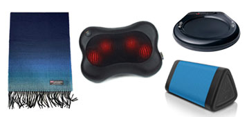 Gifts including a cashmere scarf, a shiatsu massage pillow and a bluetooth speaker