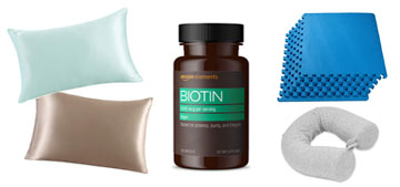Biotin for hair and nail growth, a silk pillowcase and velour leggings