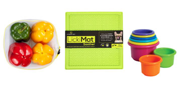A mat to keep your pet occupied, reusable produce bags and stacking cups