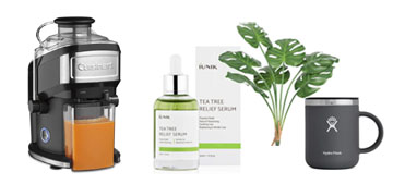 Tea tree relief serum, a compact juicer and anti-wrinkle patches