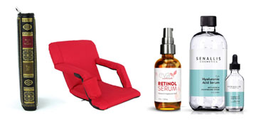A portable chair, retinol serum and a wallet that looks like a vintage book
