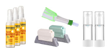 A windowsill cleaning kit, a couch arm tray and travel pump bottles