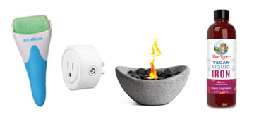 A tabletop fire pit, a leakproof dog water bottle and a magnetic soap holder