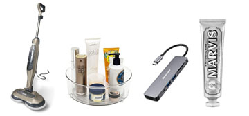 A rotating steam mop, a whitening toothpaste and a toilet paper holder with a shelf