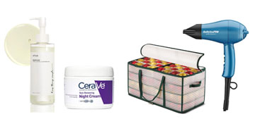 Ornament and wrapping paper storage boxes, a travel hairdryer and night cream