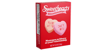 Sweethearts repackage candy heart rejects with blurry text as “Situationships”