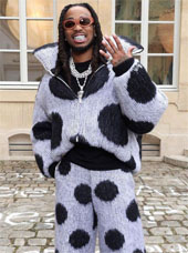 Quavo looking cute and comfy in an oversize Marni sweatsuit outfit with polka dots